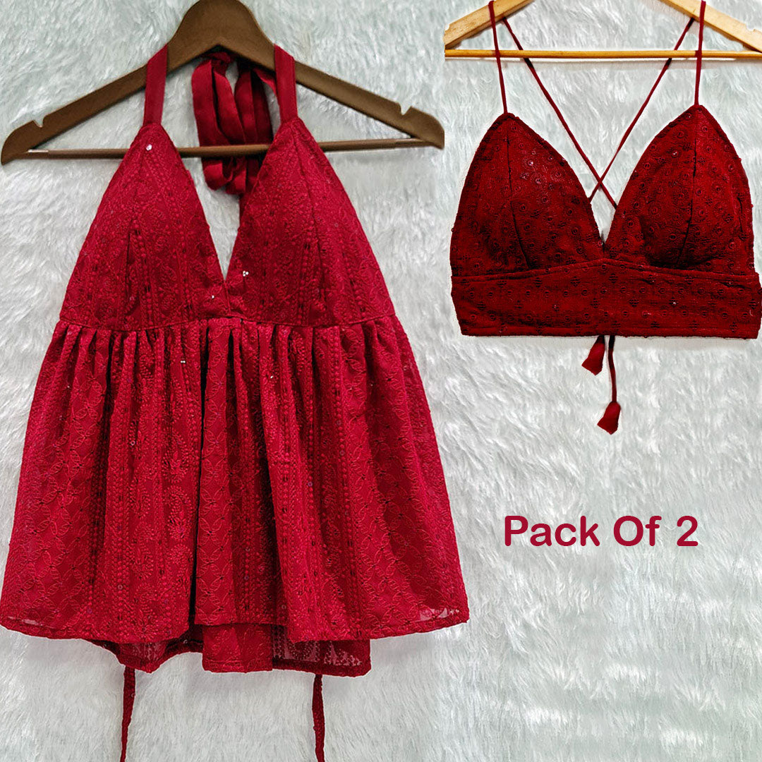 Maroon Chikankari Halter Top & Red Chikan Bra Combo