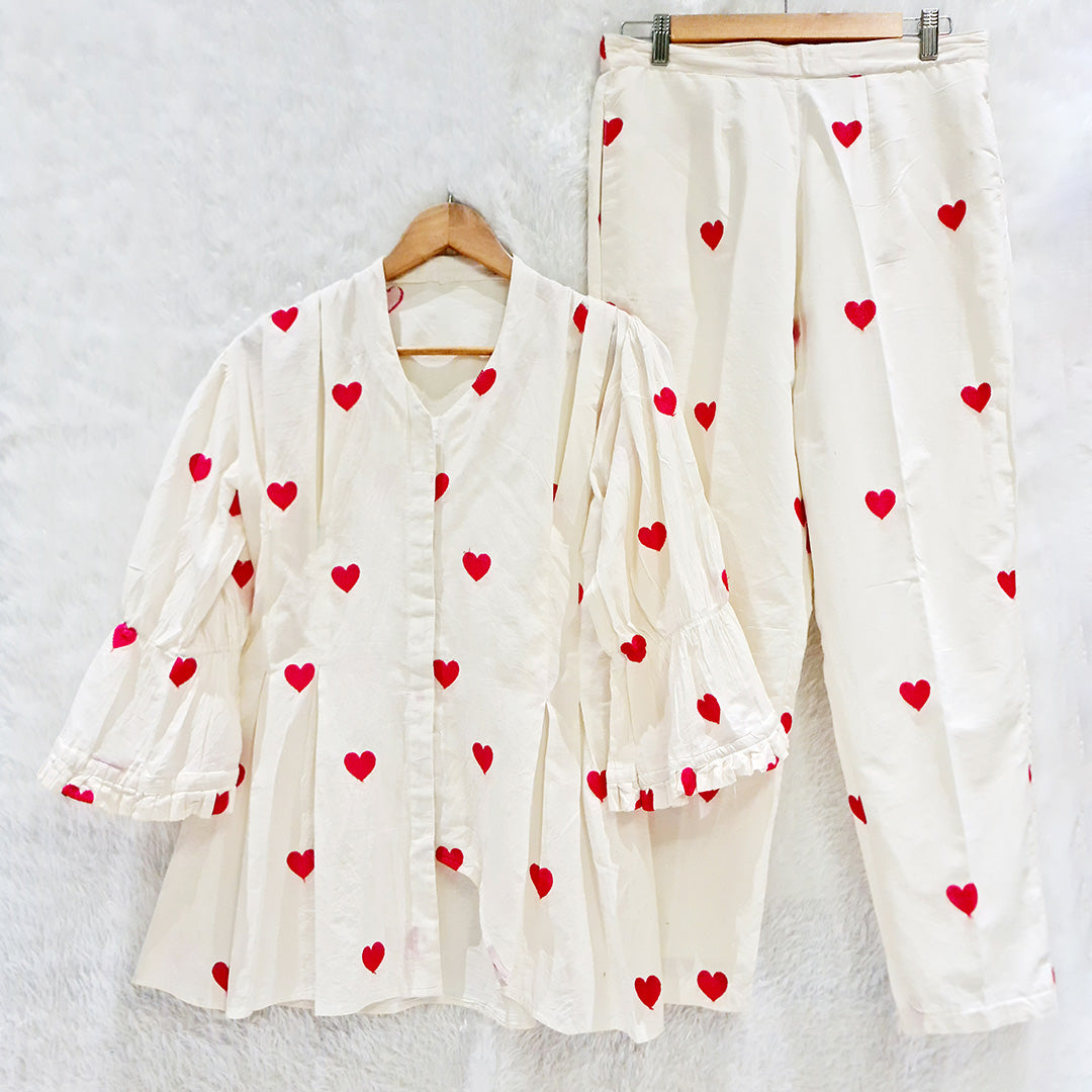 Biege Heart Embrodiered Thred Work Juliet Sleeve Co-Ord Set