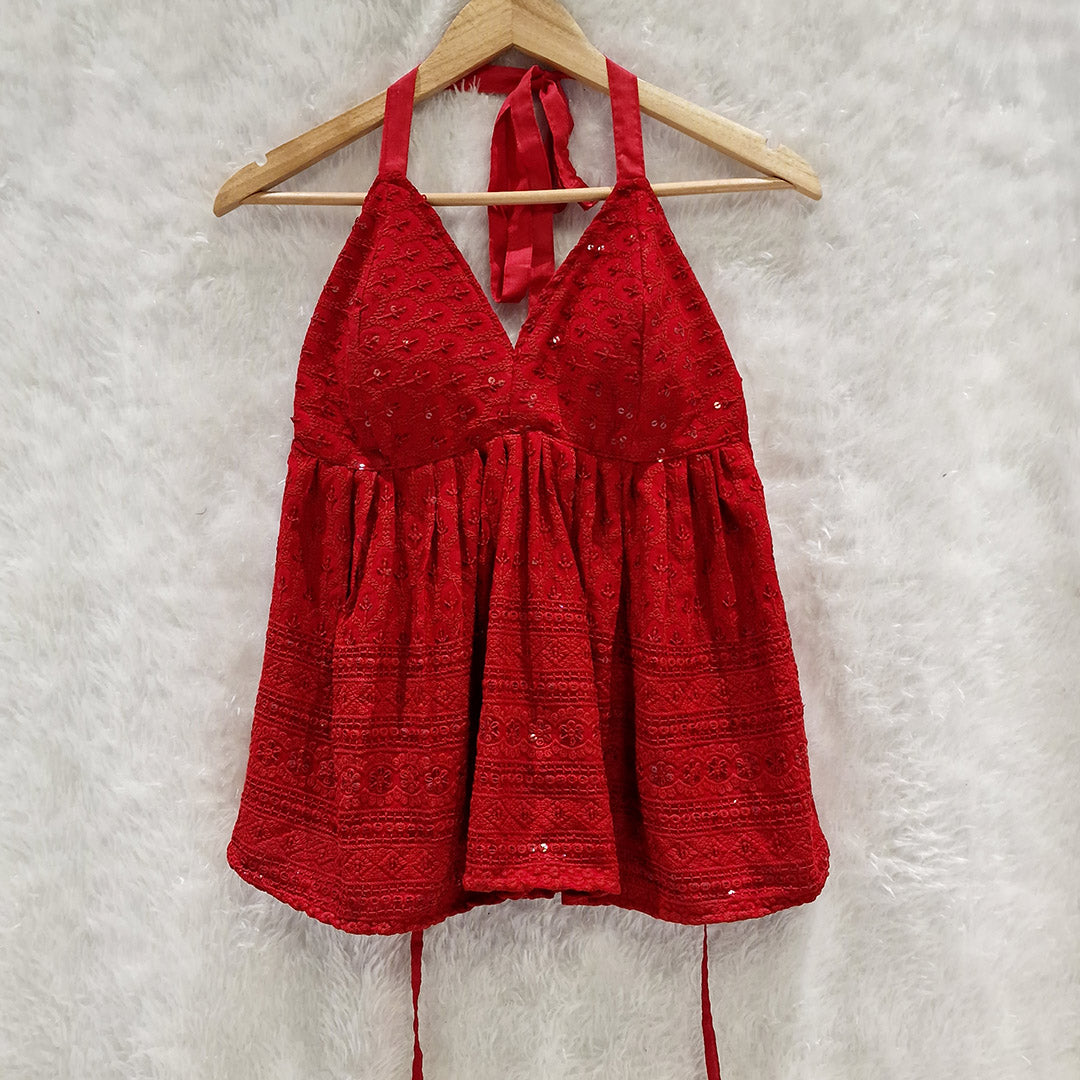 Red Chikan Halter Neck Cotton Removable Padded Top