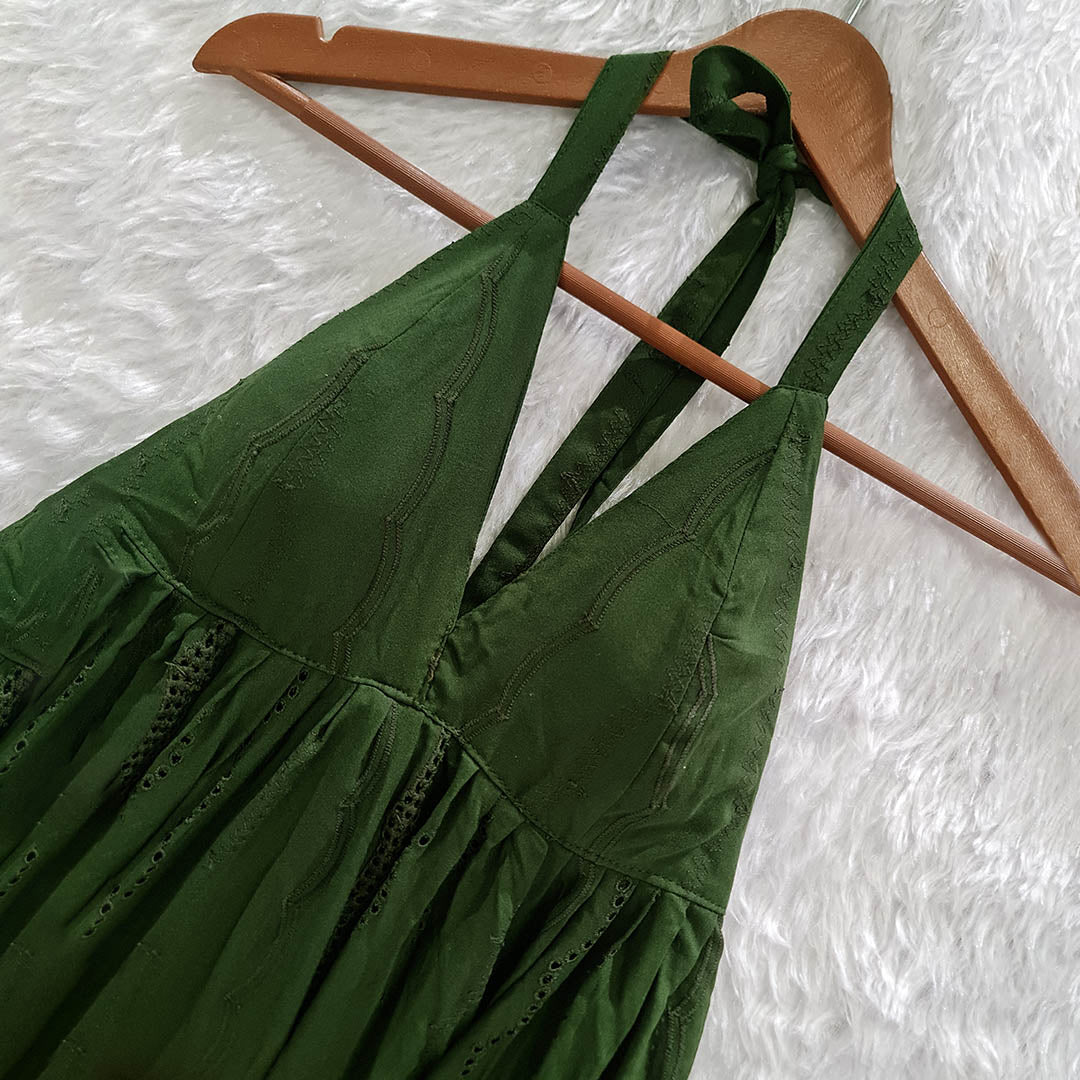 Dark Green Halter Neck Hakoba Work Cotton Top