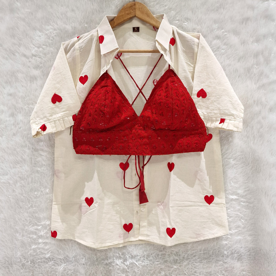 Heart Embroidered Cotton Shirt with Red Chikan Bra Combo