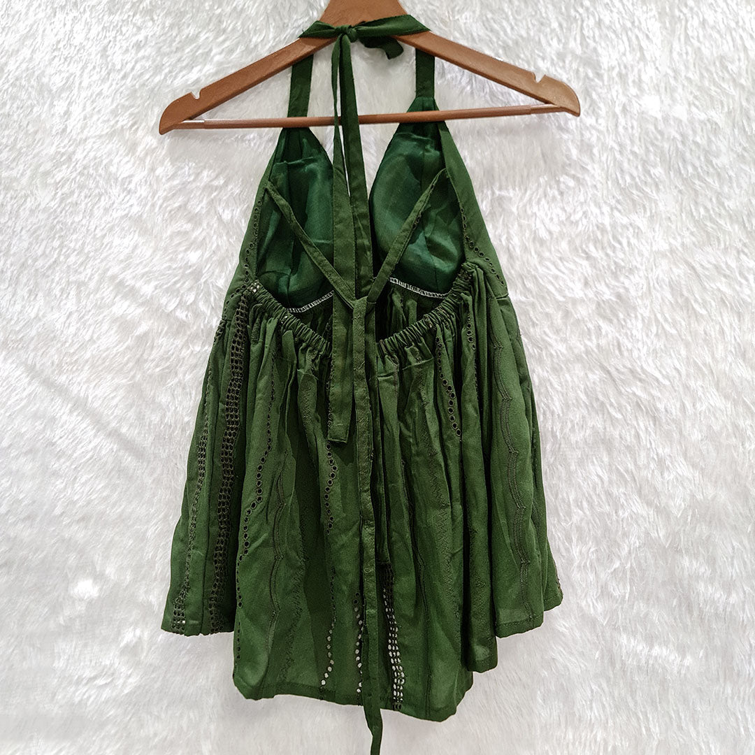 Dark Green Halter Neck Hakoba Work Cotton Top