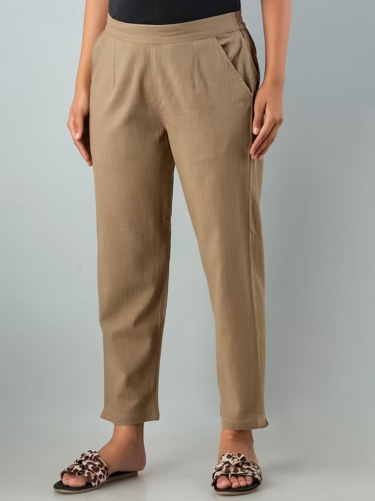 Coffee Brown Relaxed High-Rise Easy Wash Pleated Pure Cotton Regular Pant