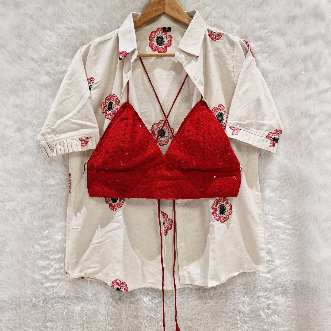 Milky White Embroidery Cotton Shirt & Red Chikan Bra Combo