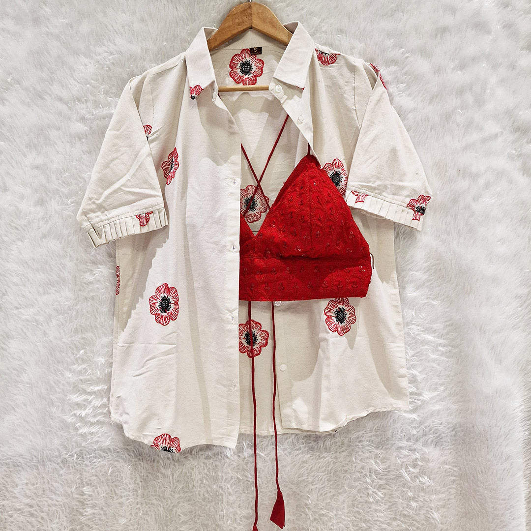 Milky White Embroidery Cotton Shirt & Red Chikan Bra Combo