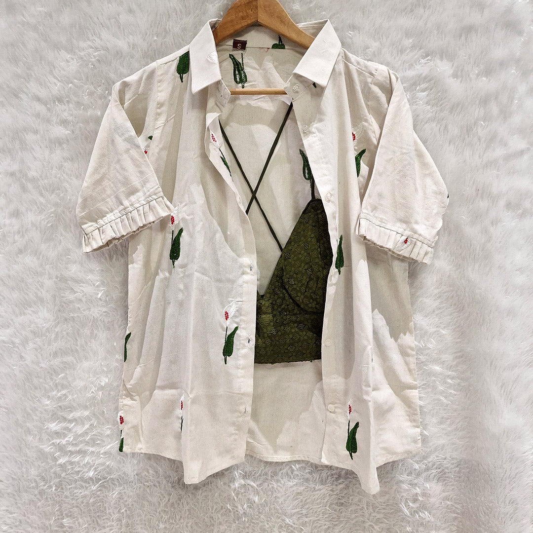 Off White Floral Embroidered Shirt & Green Chikan Bra Combo