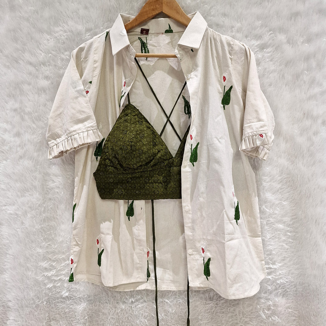 Off White Floral Embroidered Shirt & Green Chikan Bra Combo