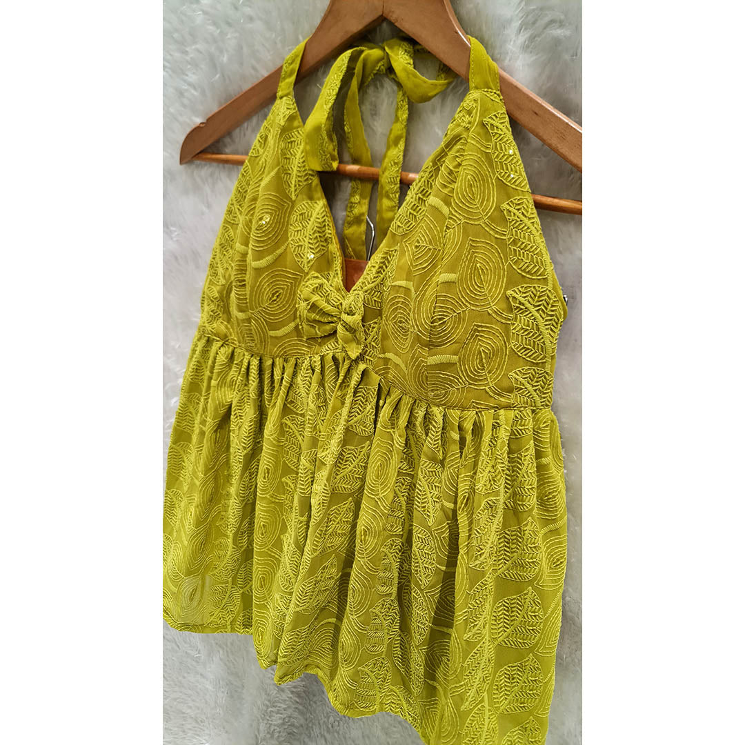 Lime Green Chikankari Chiffon Halter Neck Top