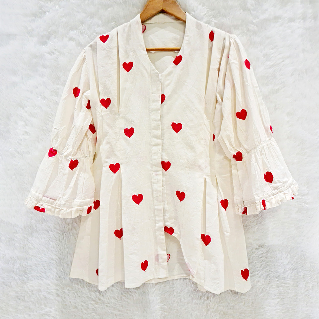 Biege Heart Embrodiered Thred Work Juliet Sleeve Co-Ord Set