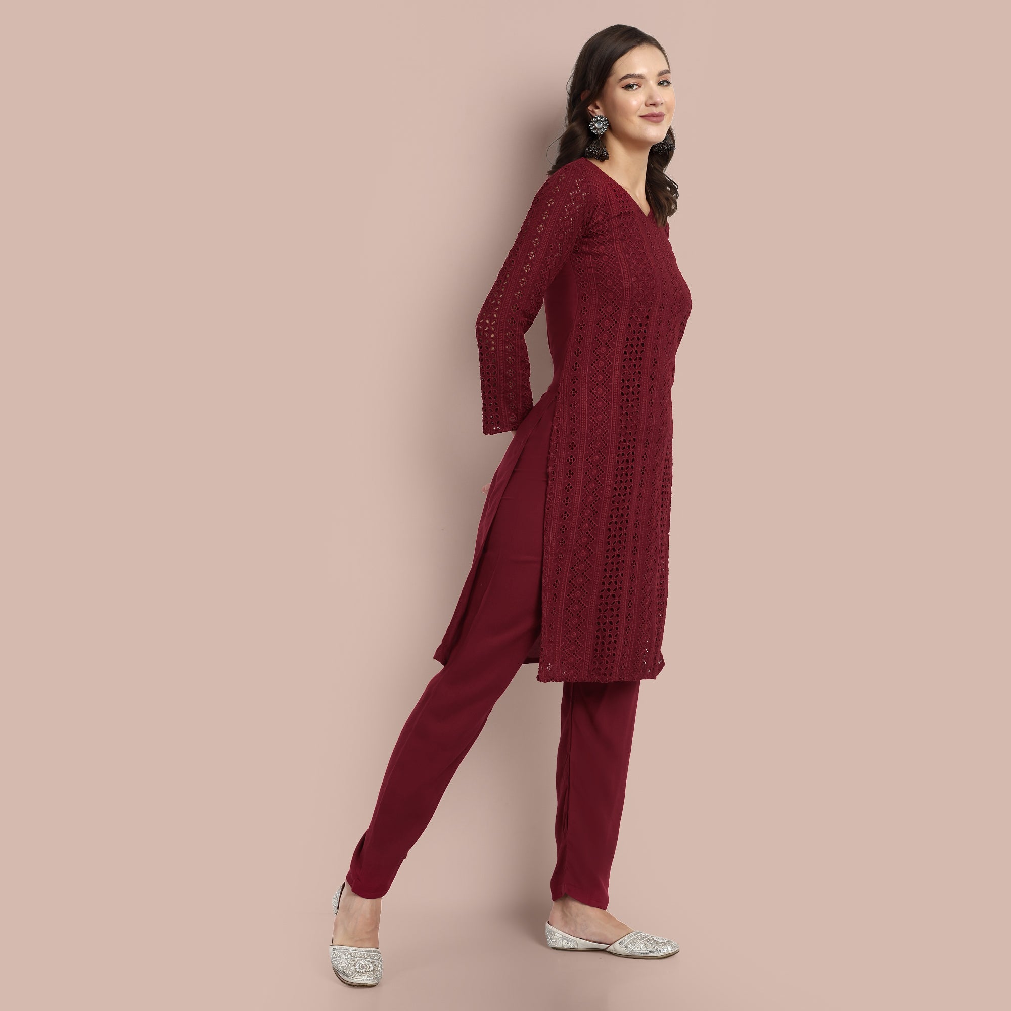 Women Hakoba Work Kurta With Trousers & Dupatta