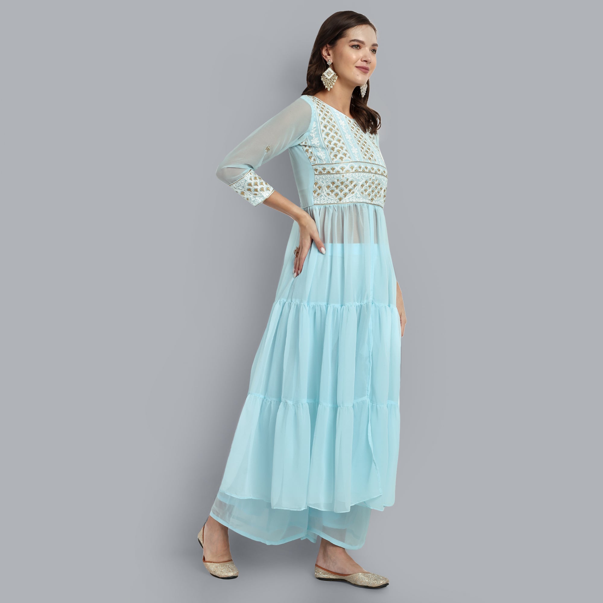 Women Blue Floral Embroidered Tiered Kurta with Sharara