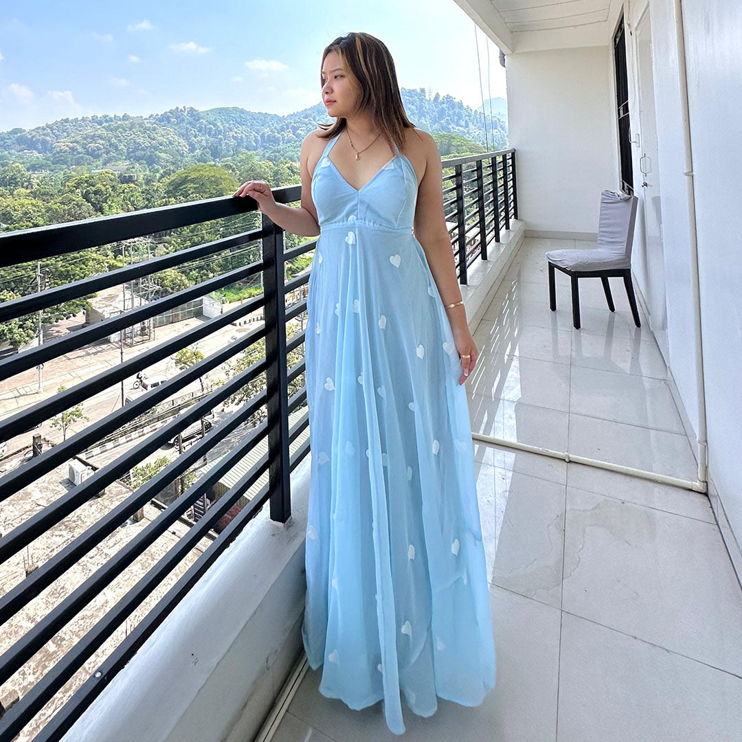 Aqua Blue Heart Embrodiered Halter Neck Padded Maxi Gown