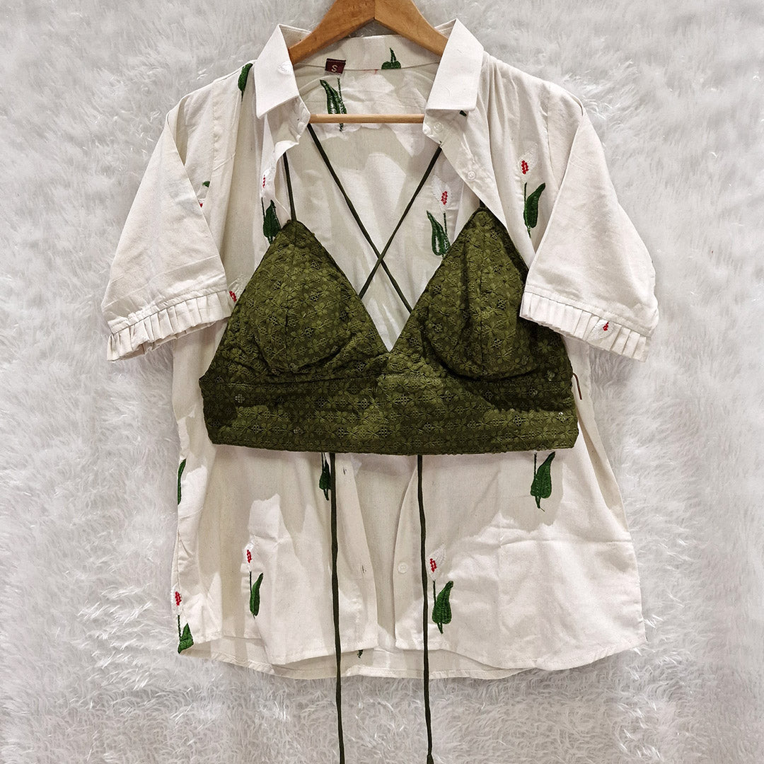 Off White Floral Embroidered Shirt & Green Chikan Bra Combo