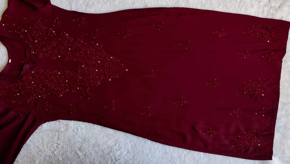 Maroon Rayon Chikankari Long Kurta