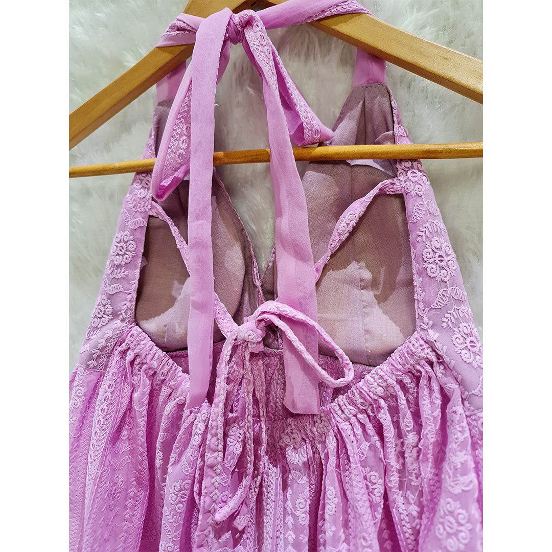 Lavender Chikan Halter Neck Chiffon Padded Top