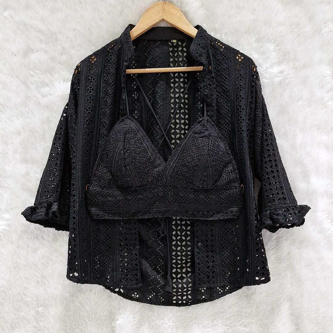 Combo of Black Hakoba Shirt and Black Hakoba Cotton Bra