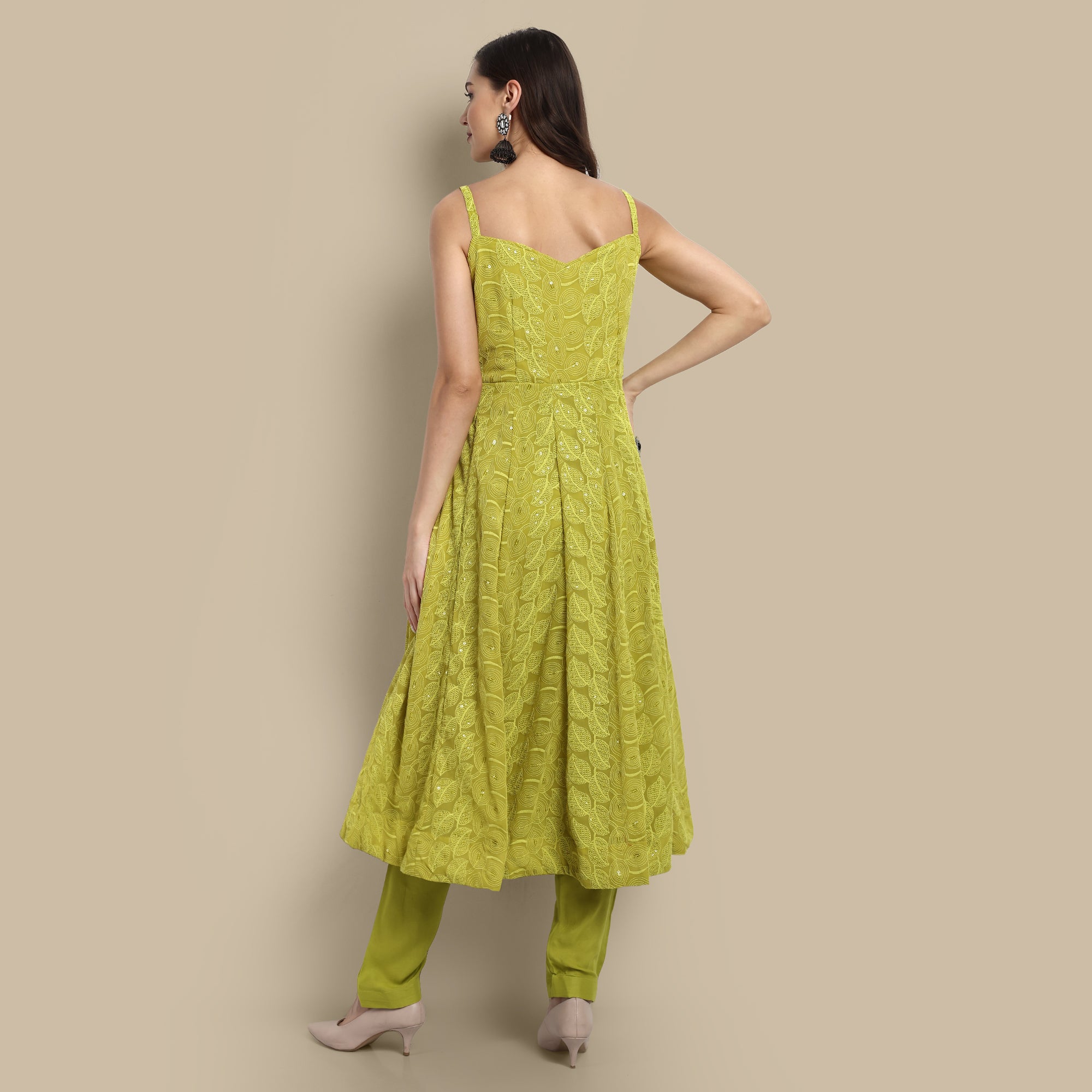 Floral Embroidered Shoulder Strap Kurta With Trousers & Dupatta