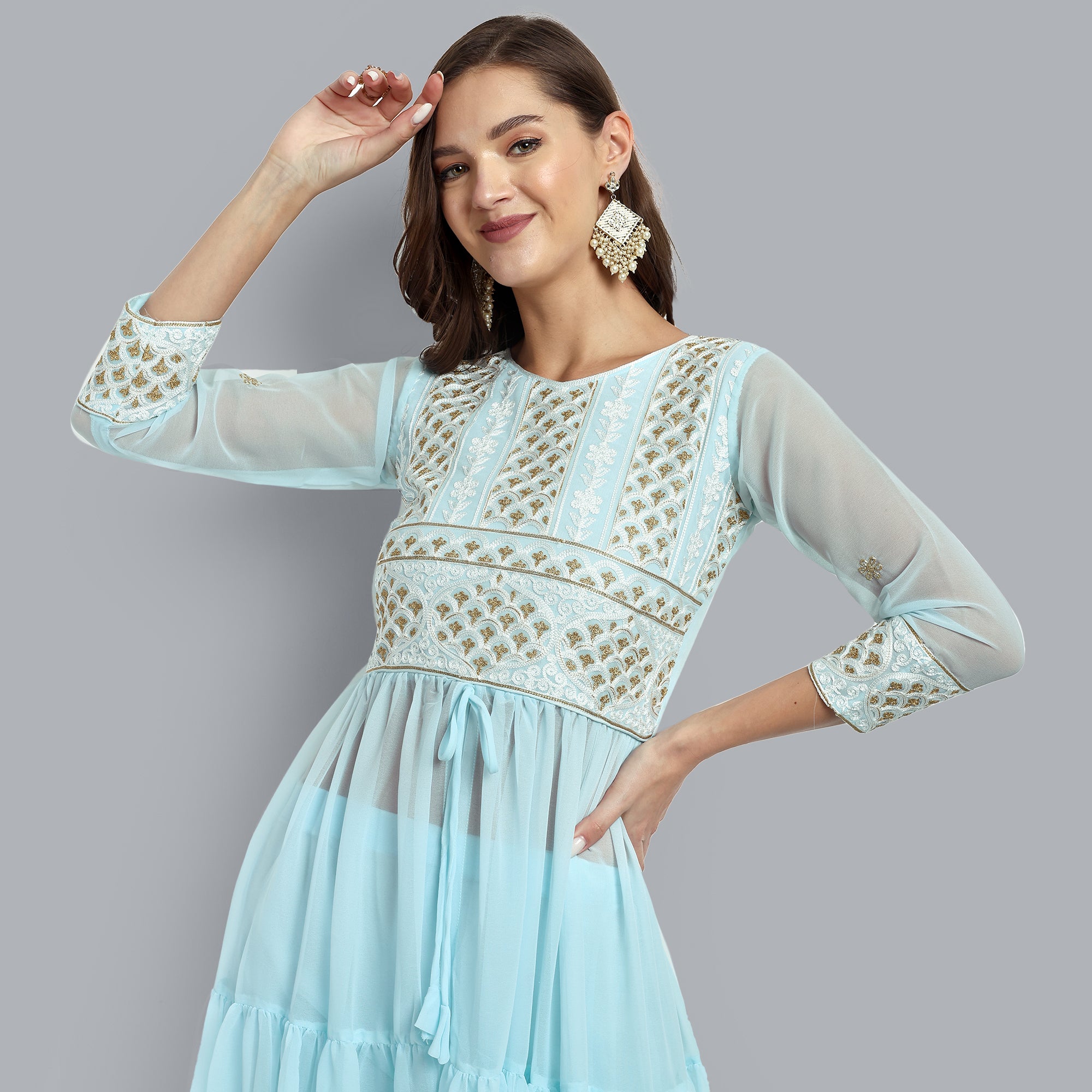 Women Blue Floral Embroidered Tiered Kurta with Sharara