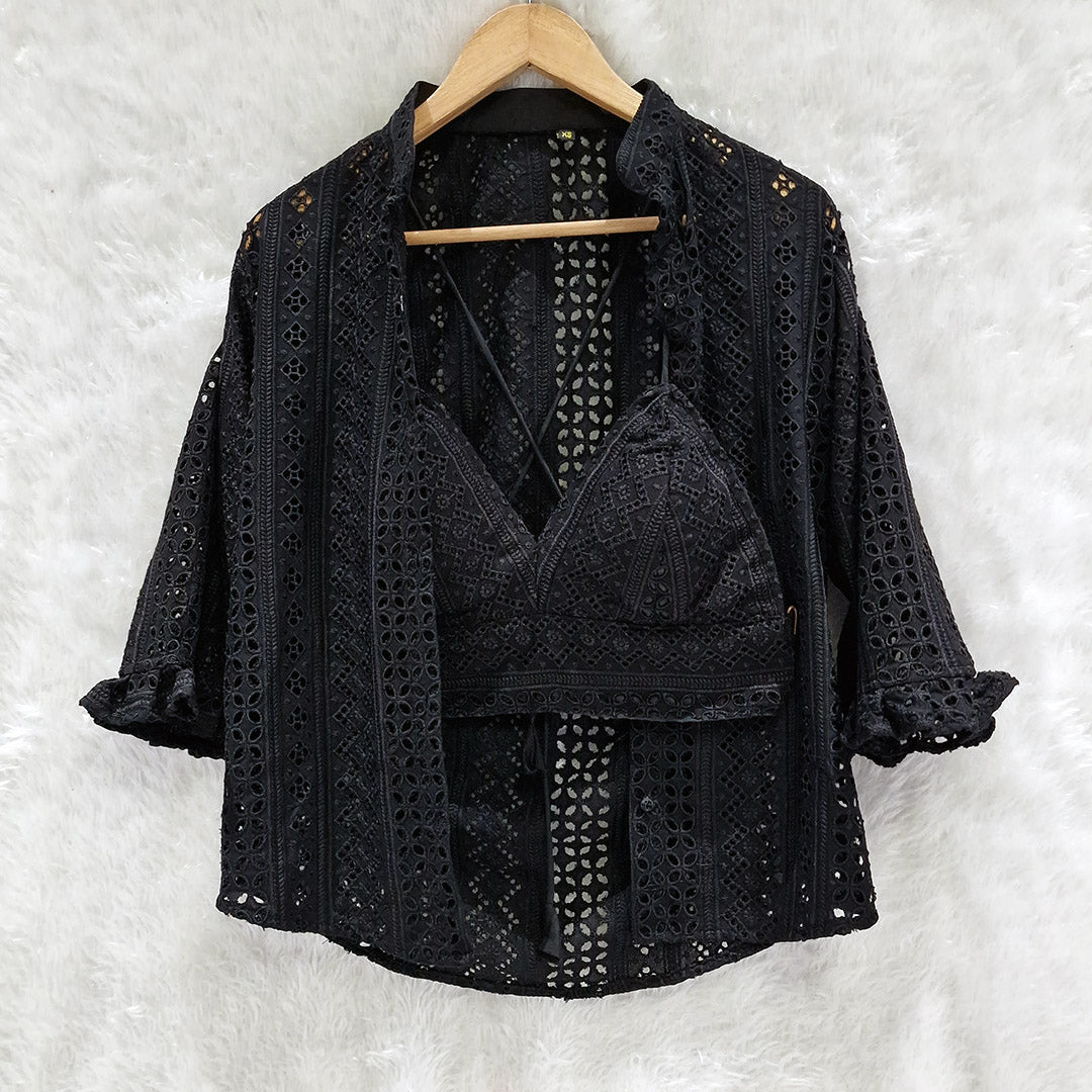 Combo of Black Hakoba Shirt and Black Hakoba Cotton Bra