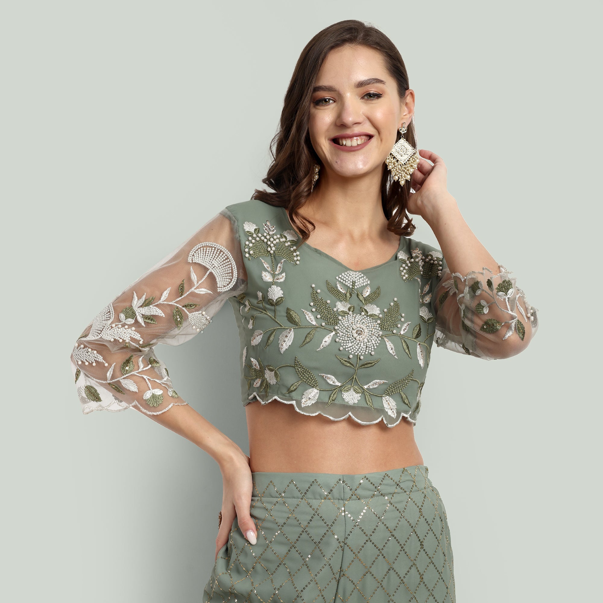 Grey Georgette Embroidery Round Pant Sharara Set