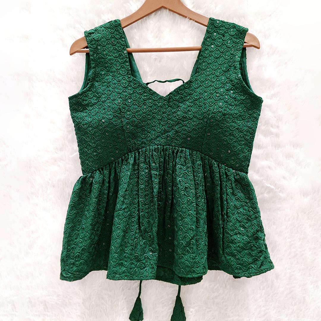 Dark Green Cotton Chikankari Top