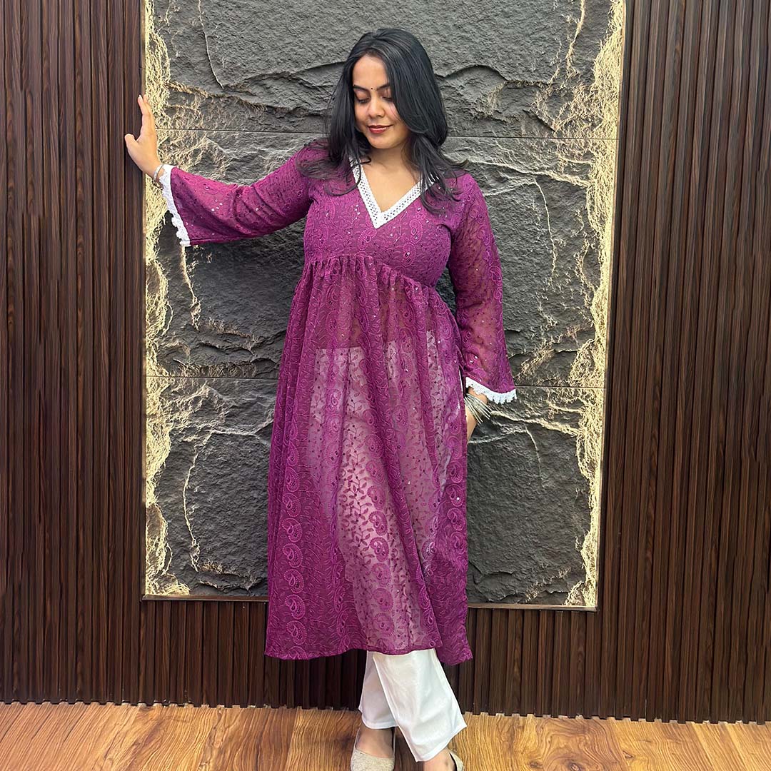 Purple Alia-Cut Georgette Lucknowi Chikankari Kurta Set