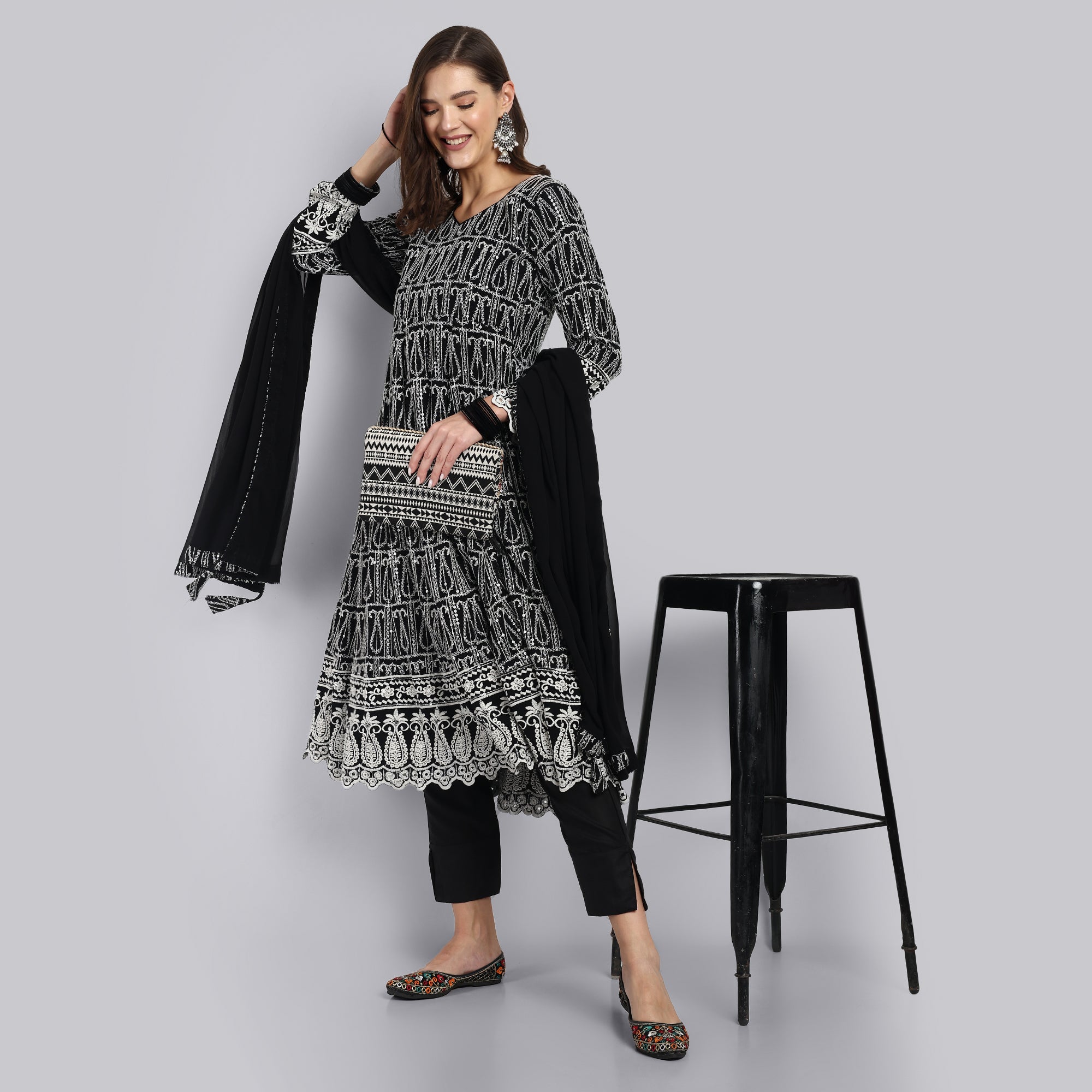 Ethnic Motifs Embroidered Regular Sequinned Kurta with Trousers & With Dupatta