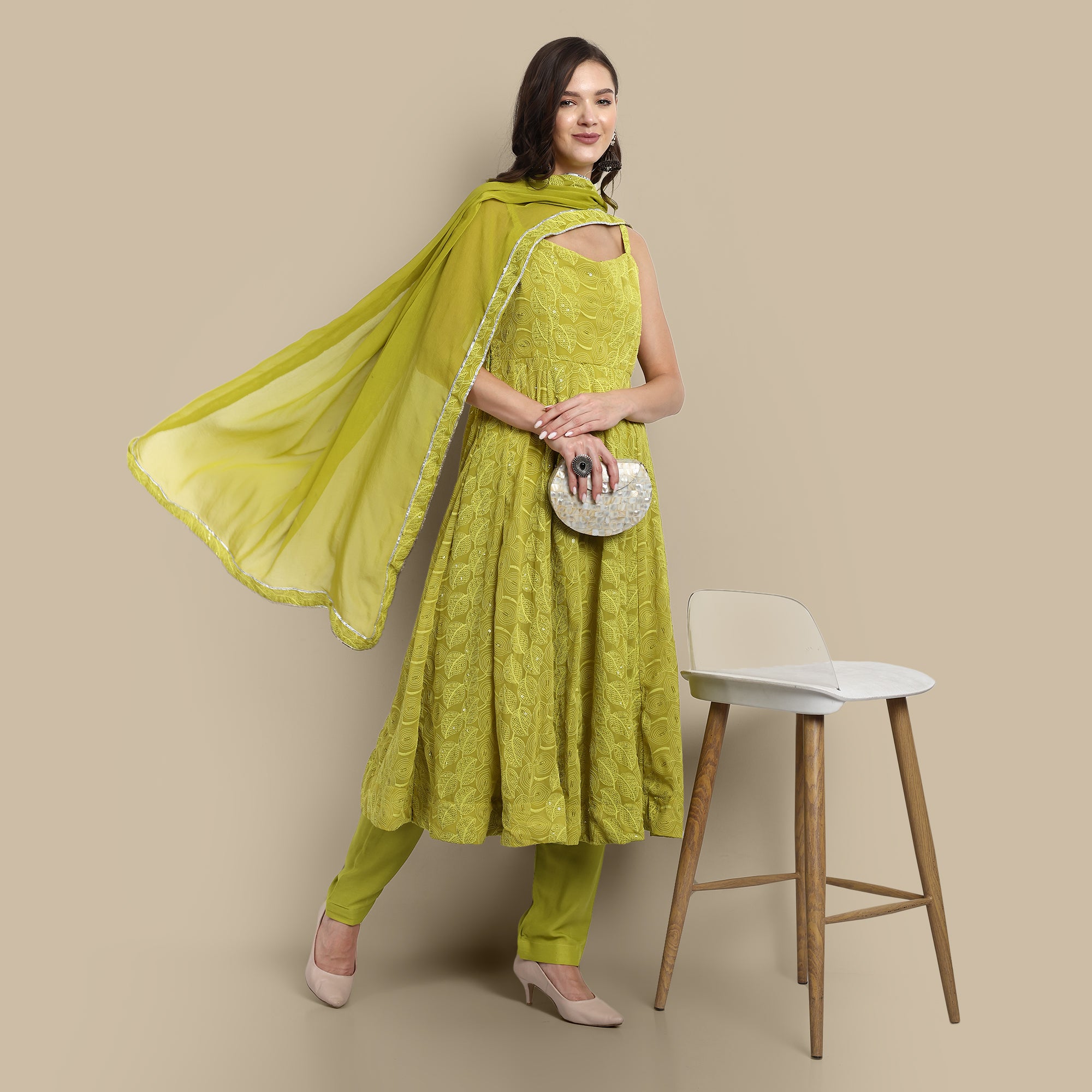 Floral Embroidered Shoulder Strap Kurta With Trousers & Dupatta