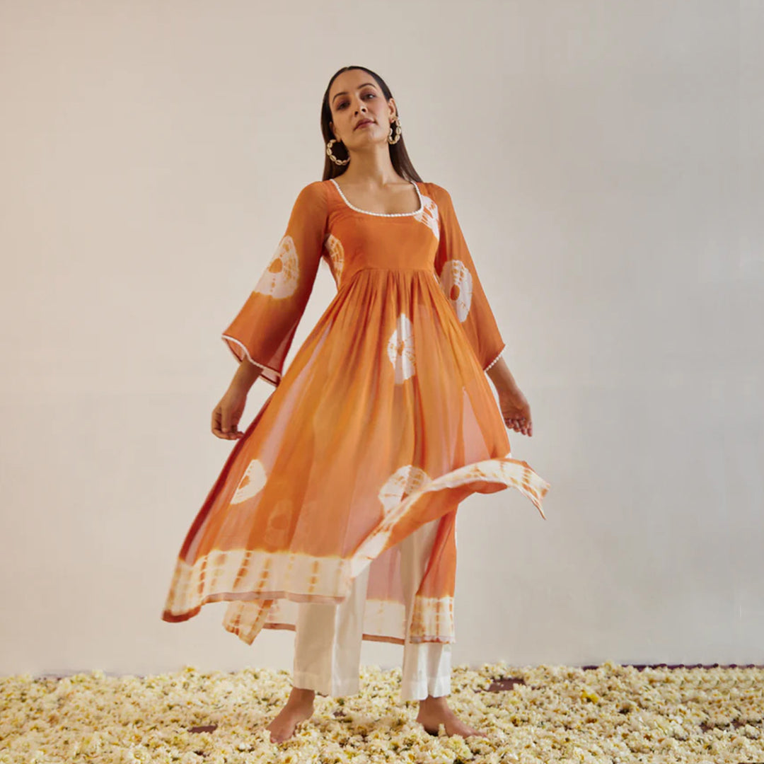 Orange Hand Dyed Bandhej Flared Long Kurta With Pocket Pants