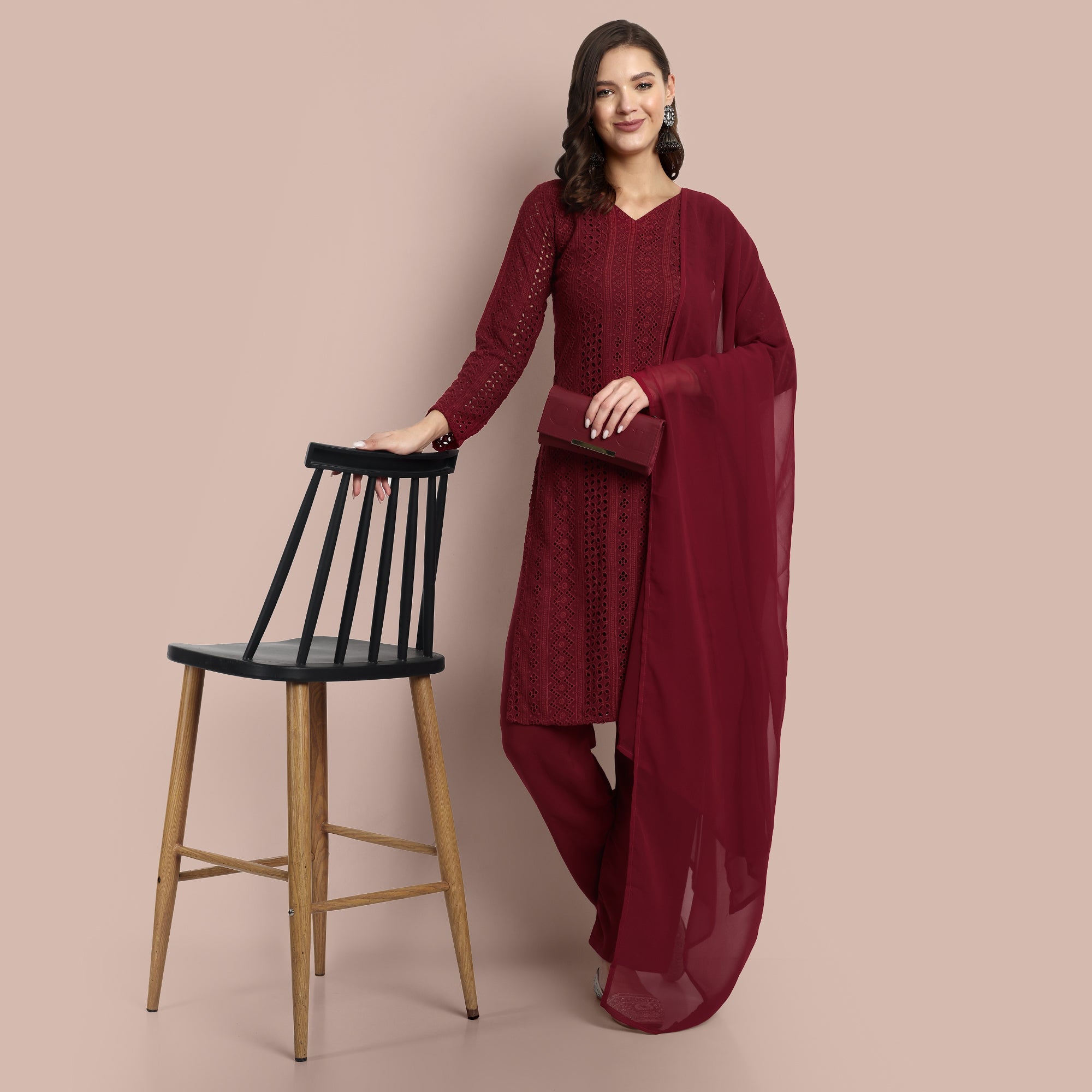 Women Hakoba Work Kurta With Trousers & Dupatta