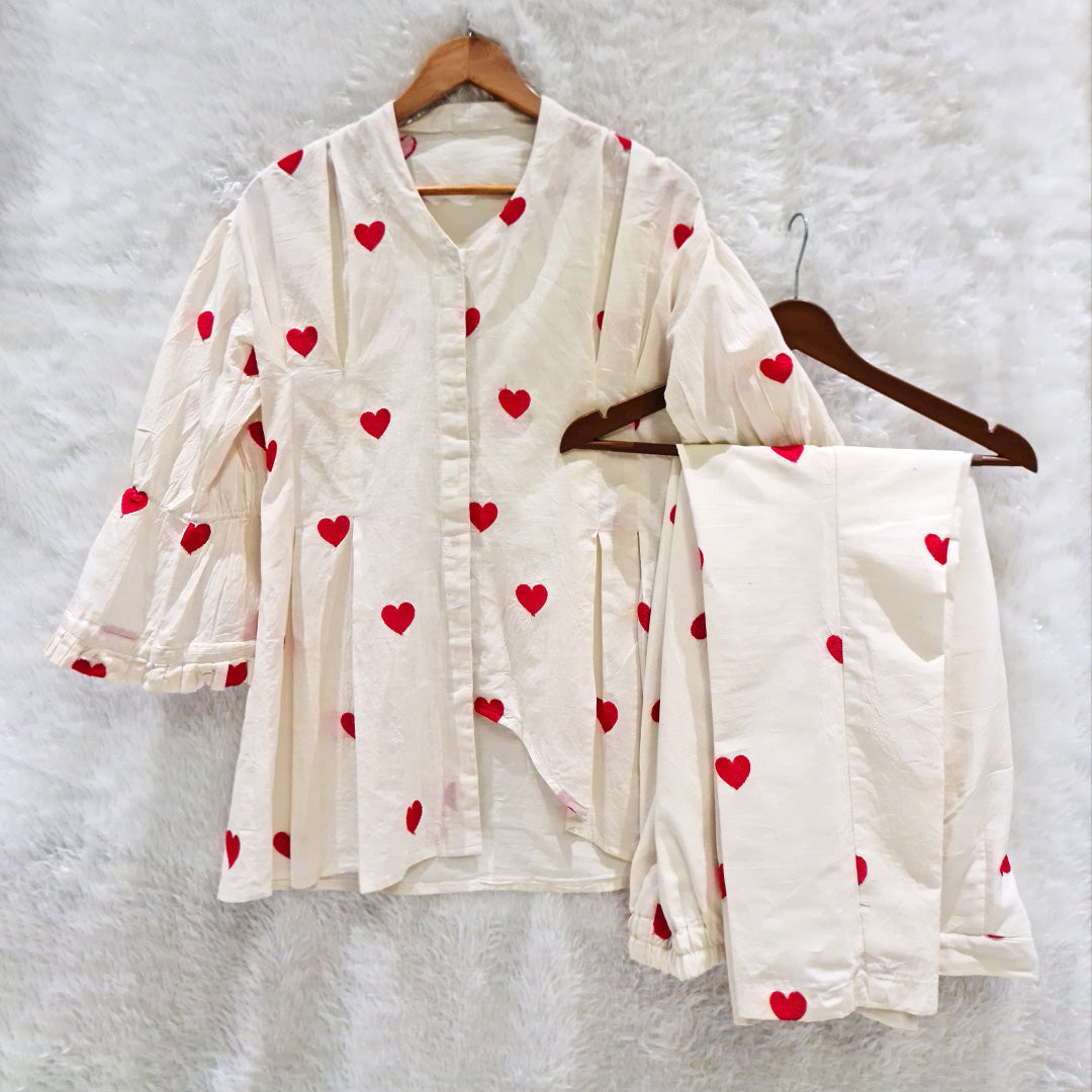 Biege Heart Embrodiered Thred Work Juliet Sleeve Co-Ord Set