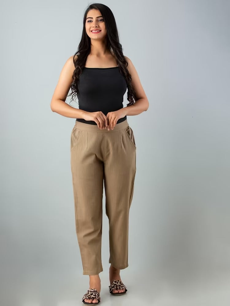 Coffee Brown Relaxed High-Rise Easy Wash Pleated Pure Cotton Regular Pant