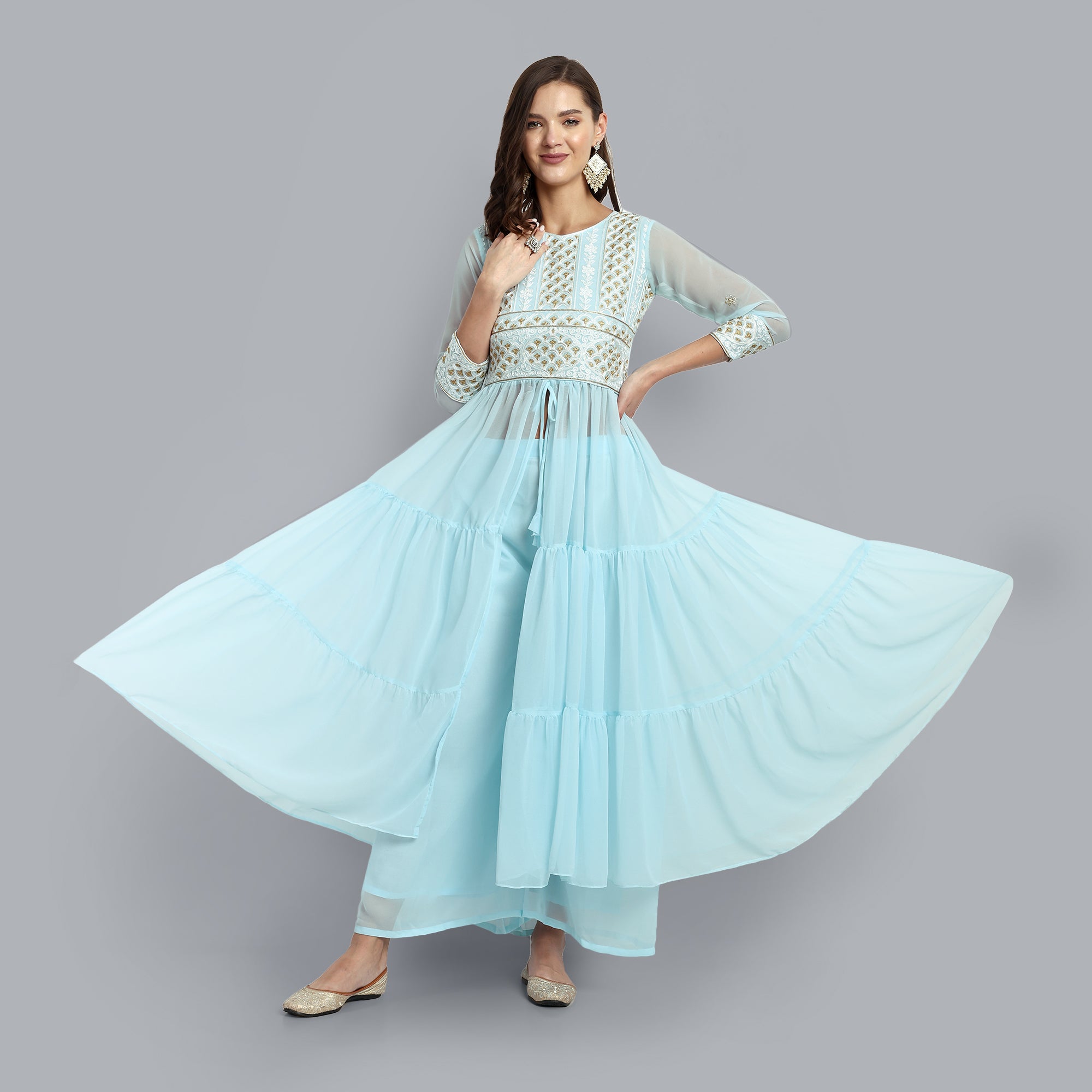 Women Blue Floral Embroidered Tiered Kurta with Sharara