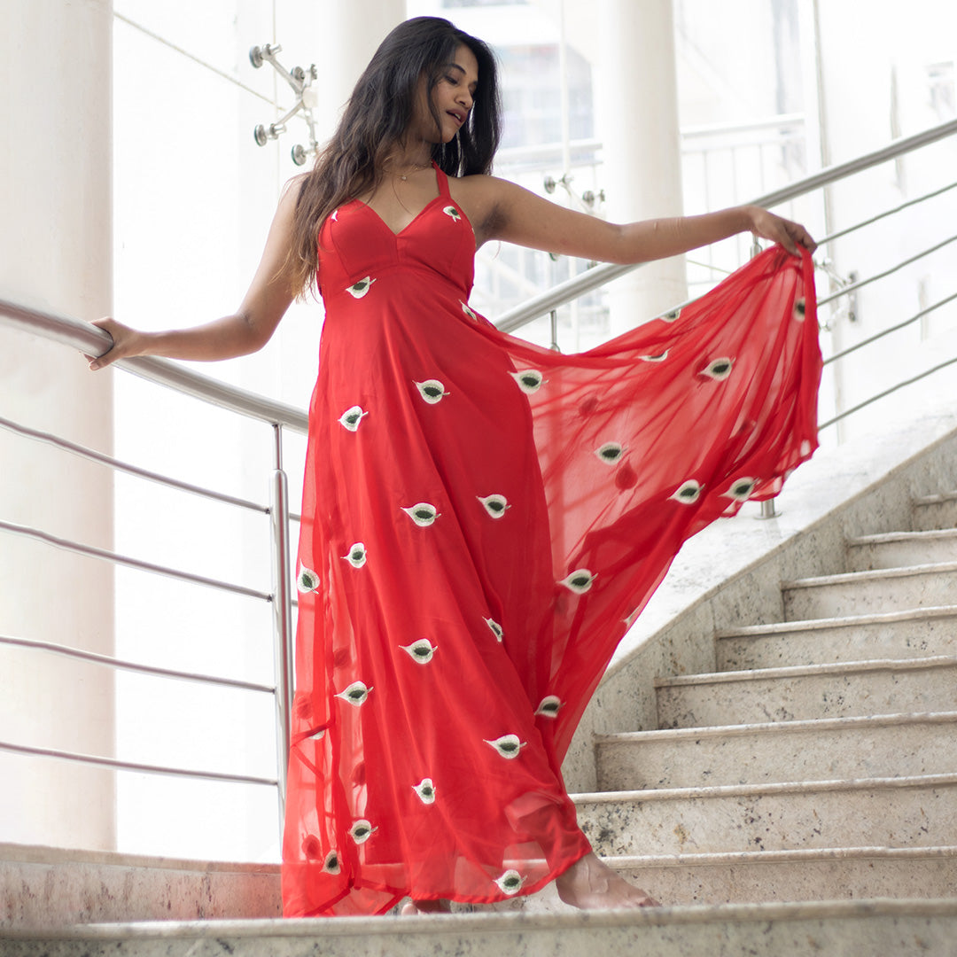 Red Embrodiered Halter Neck Padded Maxi Gown