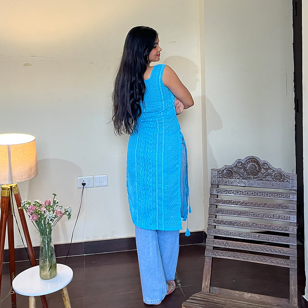 Turquoise Side Tassel Long Chikankari Kurti