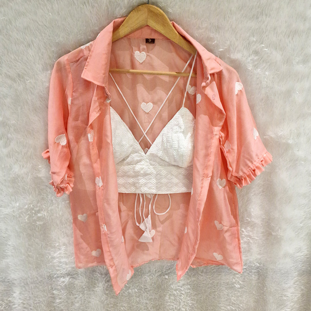 Peach Heart Embroidered Chiffon Shirt & White Chikan Bra Combo