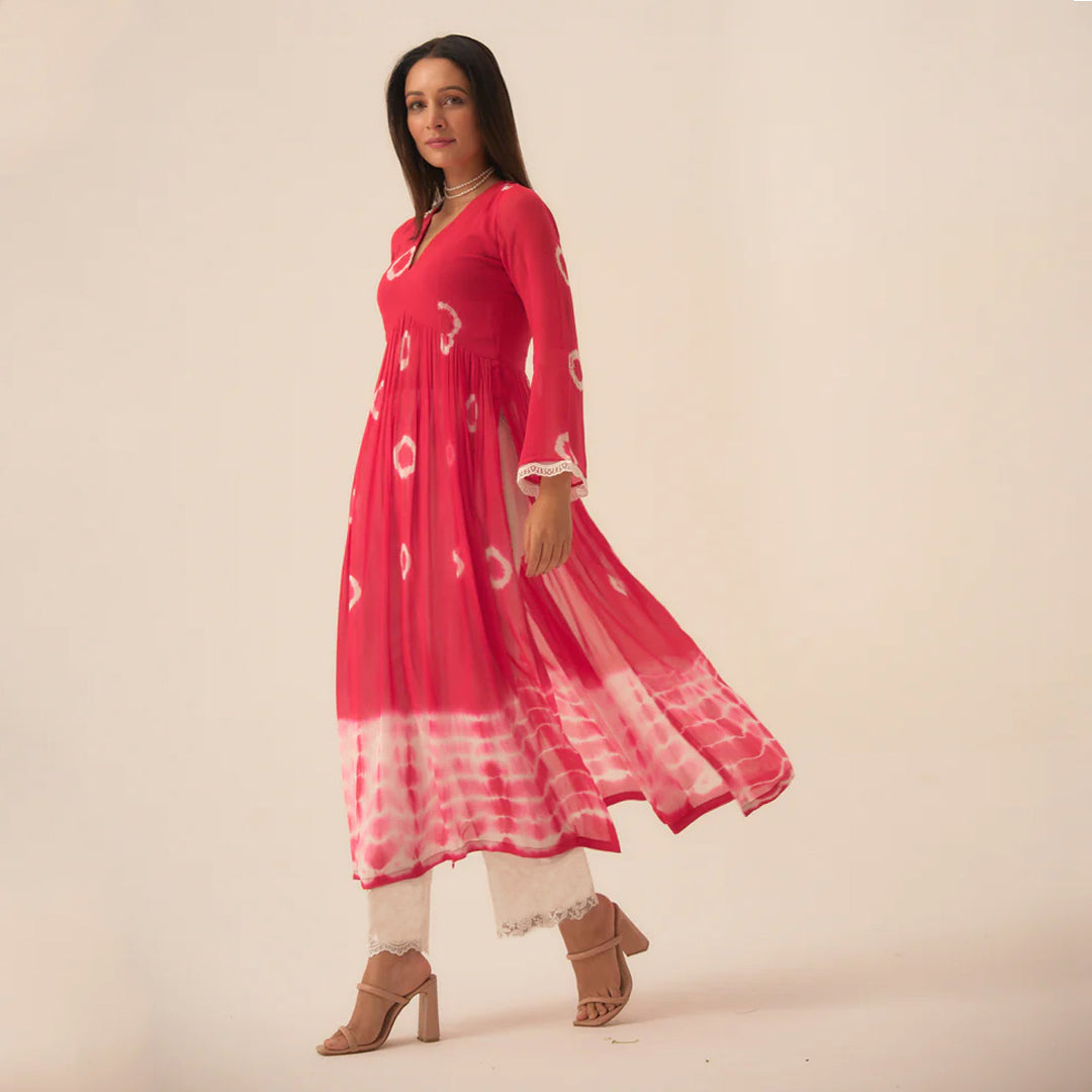 Pink Hand Dyed Bandhej Alia Cut Flared Long Kurta With Pocket Pants