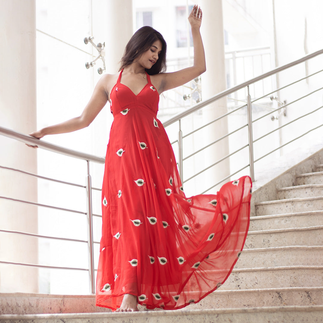 Red Embrodiered Halter Neck Padded Maxi Gown