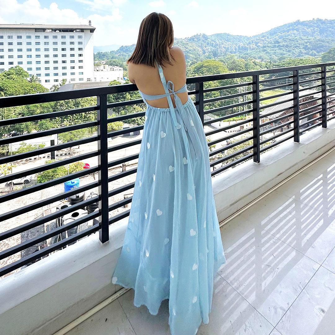 Aqua Blue Heart Embrodiered Halter Neck Padded Maxi Gown