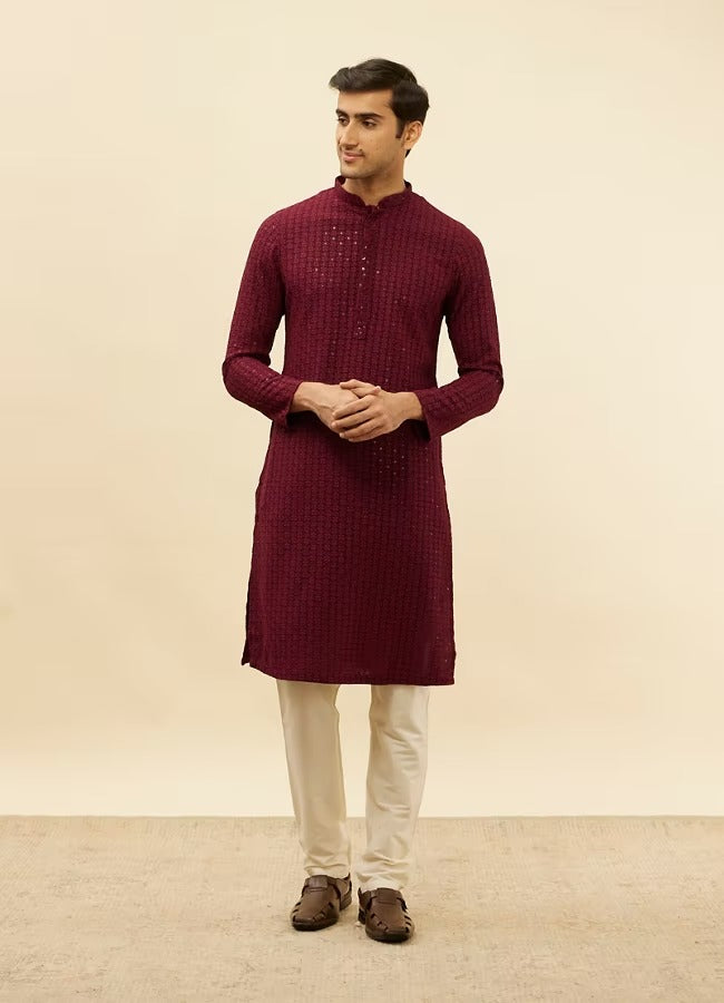 Men Maroon Chikankari Kurta