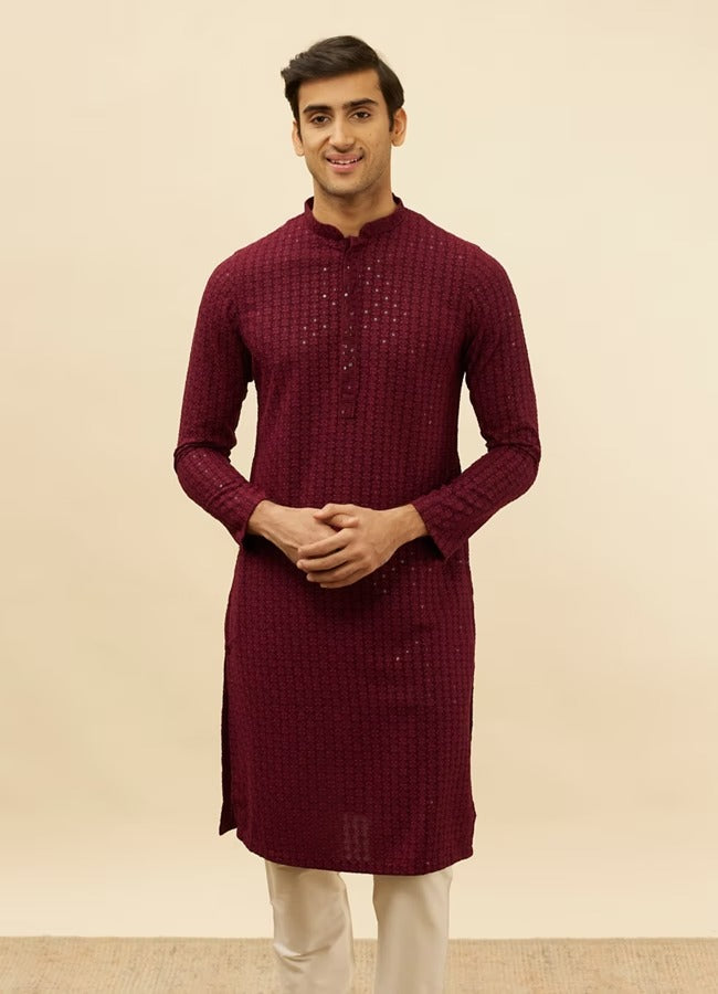 Men Maroon Chikankari Kurta