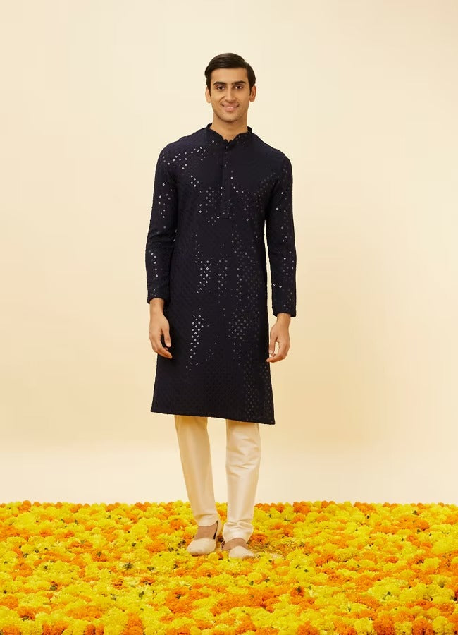 Men Navy Blue Chikankari Kurta