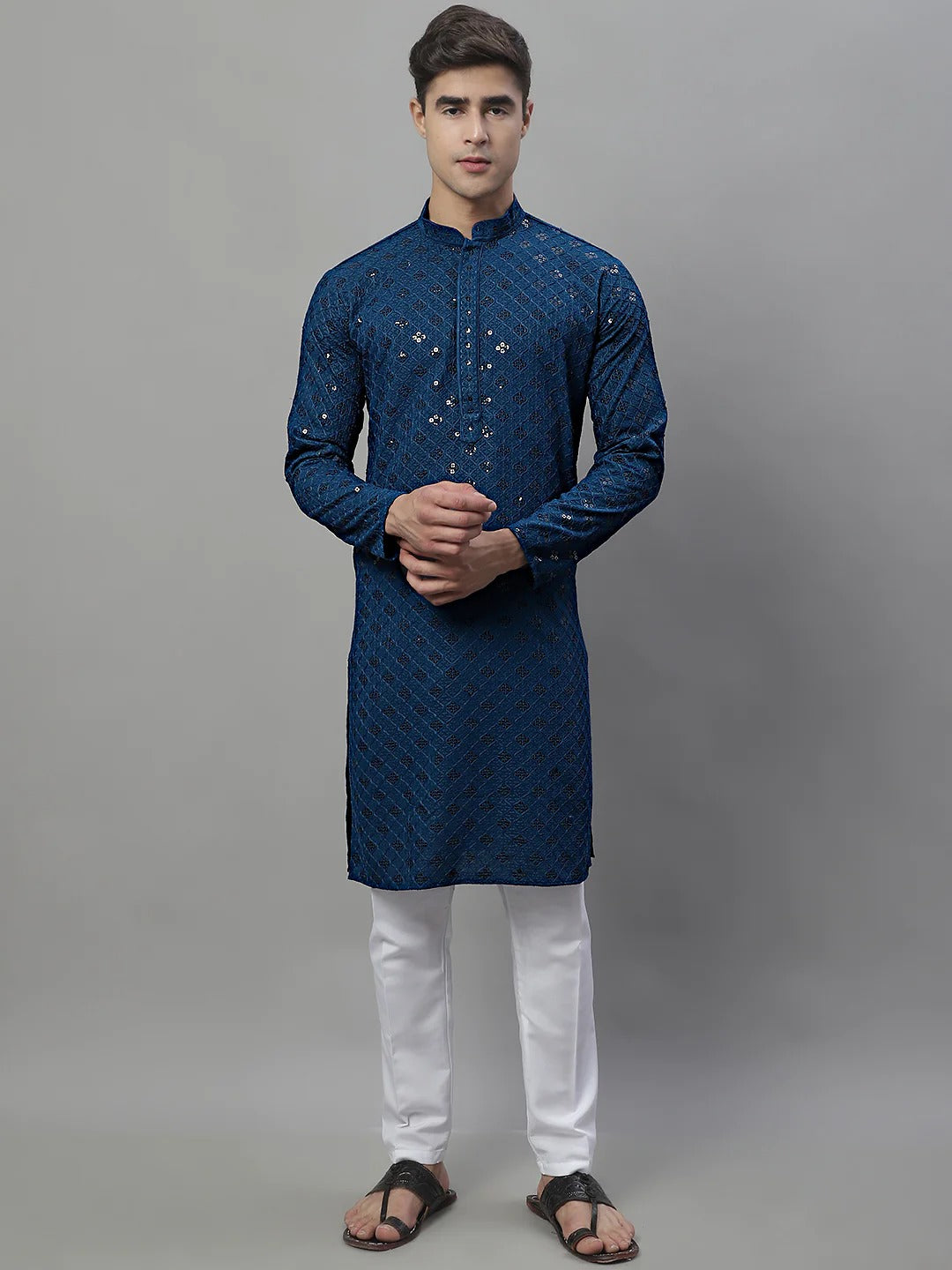 Men Teal Blue Chikankari Kurta