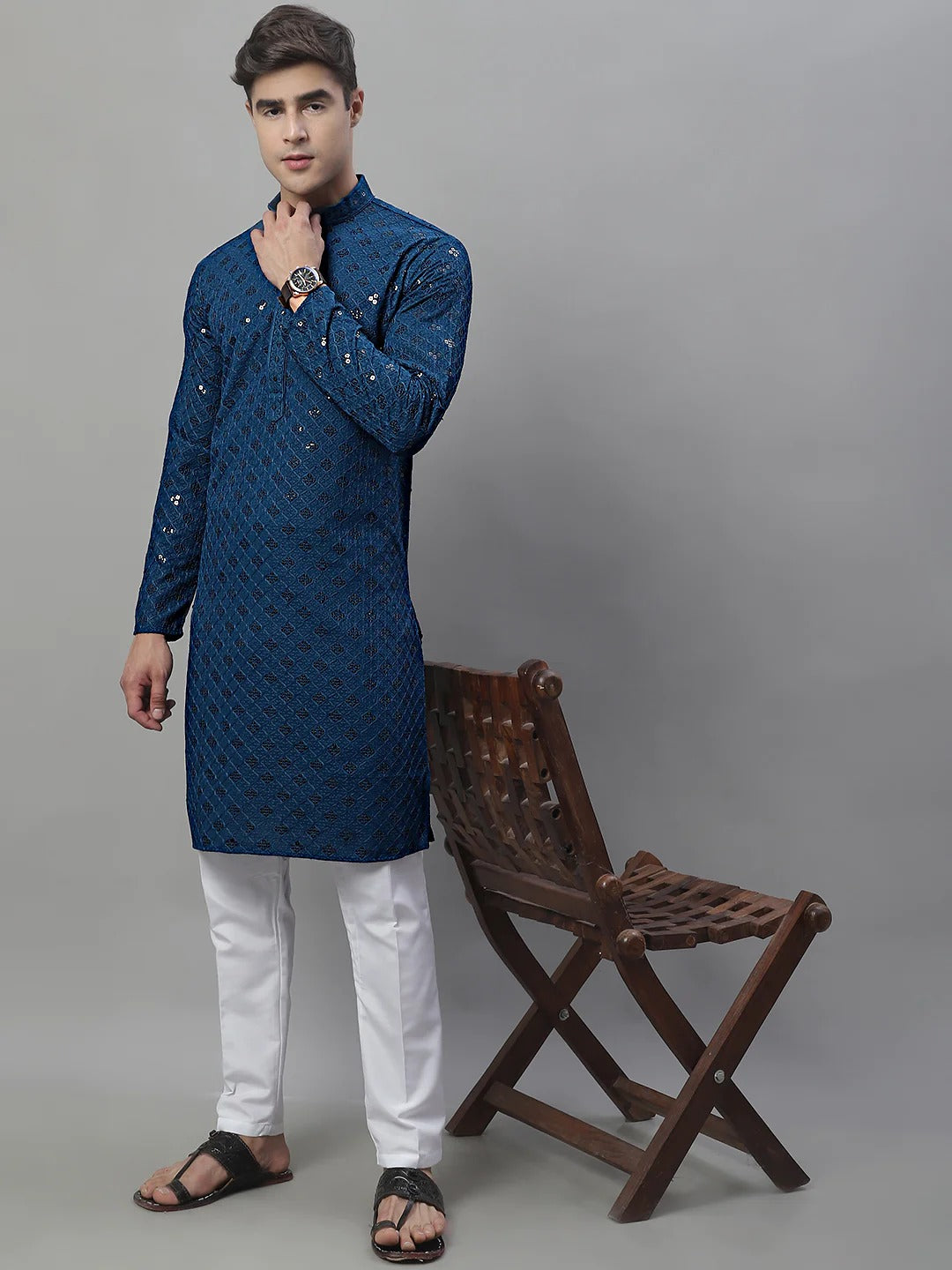 Men Teal Blue Chikankari Kurta