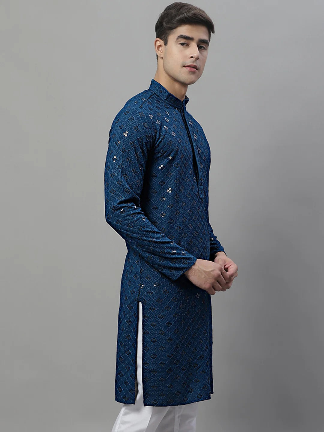 Men Teal Blue Chikankari Kurta