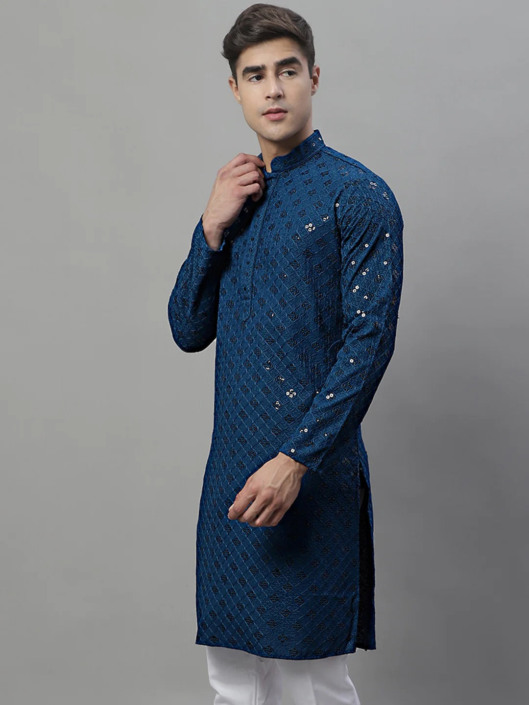 Men Teal Blue Chikankari Kurta