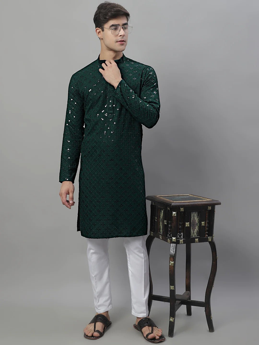 Men Dark Green Chikankari Kurta