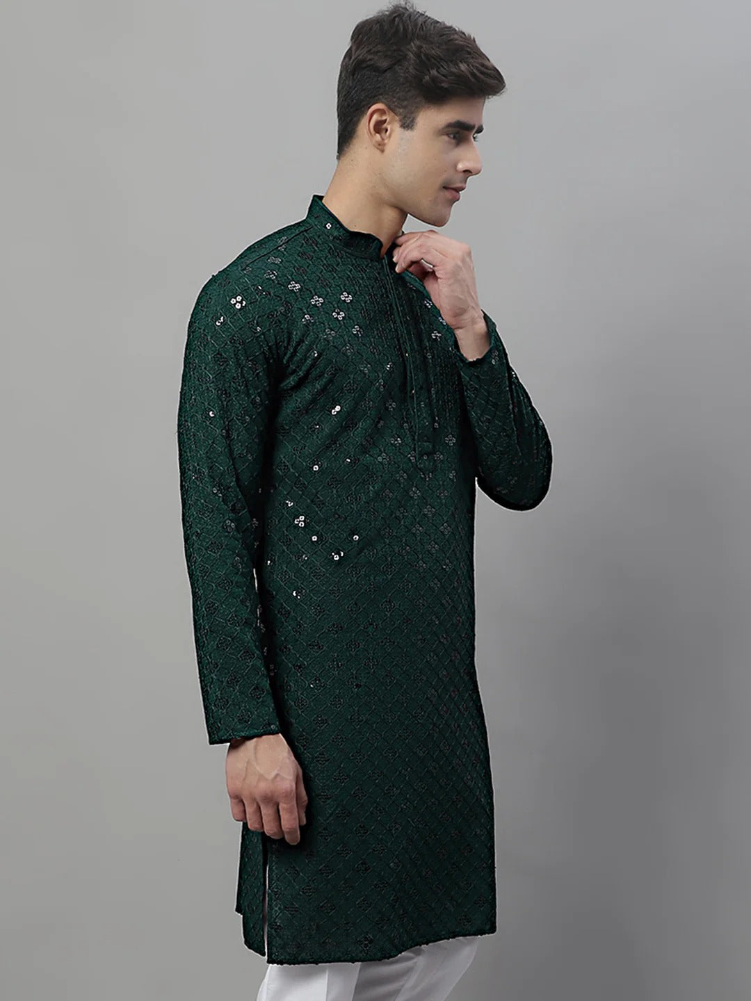 Men Dark Green Chikankari Kurta