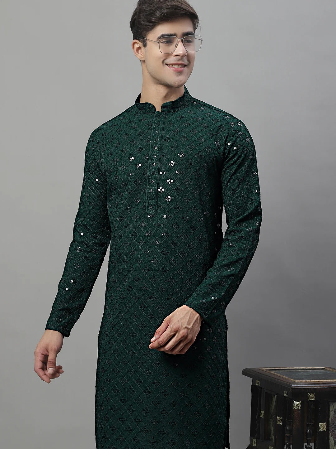 Men Dark Green Chikankari Kurta