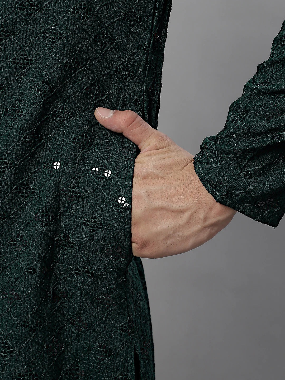 Men Dark Green Chikankari Kurta